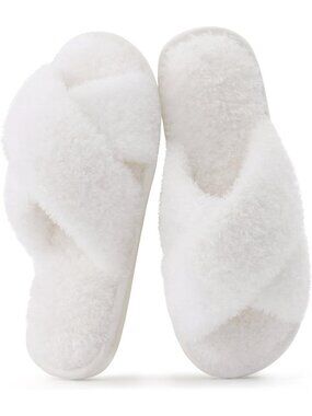 Women's White Velvet Fuzzy Cross Band Memory Foam House Open Toe Slipper Shoes